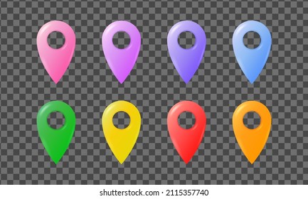 3 d juego de pines de ubicación realista. Colorida colección de iconos del marcador del puntero gps aislada en un fondo transparente