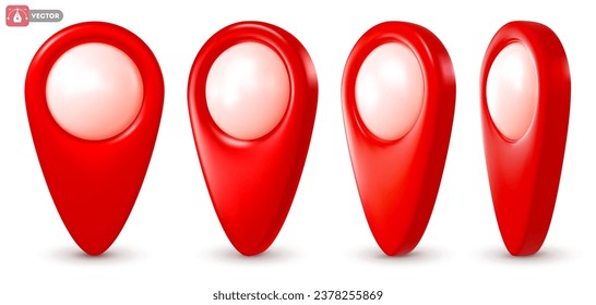 3d realistic location pins for mark map points. Red geolocation markers for navigation apps. Placemark icons set, cartography and traveller symbols. View from various angles. Vector illustration