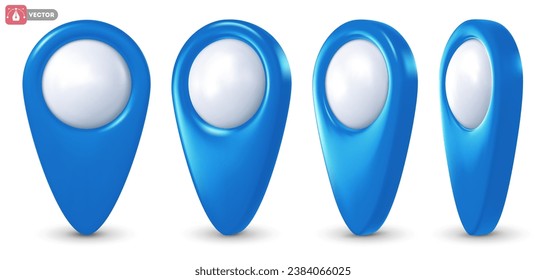 3d realistic location pins for mark map points. Blue geolocation markers for navigation apps. Place mark icons set, cartography and traveller symbols. View from various angles. Vector illustration