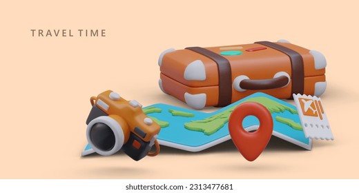 3d realistic location sign, map, camera and suitcase. Advertising poster, landing page for travel company with place for text. Colorful vector illustration with warm background