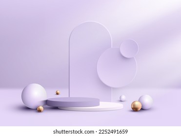 3D realistic luxury empty purple and white cylinder level podium pedestal on purple background with rounded geometric circles backdrop and golden sphere ball. You can use for product presentation