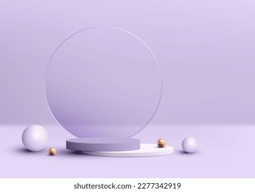 3D realistic luxury empty purple and white podium stand on purple background with circle transparent glass backdrop and golden sphere ball. You can use for product presentation, cosmetic display