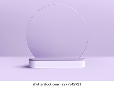 3D realistic luxury empty purple and white podium pedestal stand on purple background with circle transparent glass backdrop. You can use for product presentation, cosmetic display beauty mockup, show