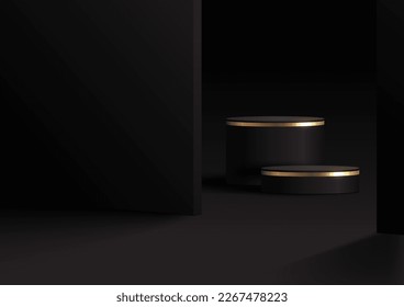 3D realistic luxury modern black and gold cylinder podium stand minimal wall scene dark background. Product display mockup for cosmetic, showroom, showcase, presentation, etc. Vector illustration