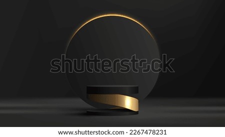 3D realistic luxury modern black and gold cylinder podium stand with gray circle and yellow neon lighting minimal wall scene dark background. Product display mockup for cosmetic, showroom, showcase
