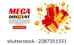 3D realistic luxury red and gold gift boxes with golden coins and holiday tinsel on white background. Advertising banner template of sale, giveaways, shopping with mega discount. Vector illustration