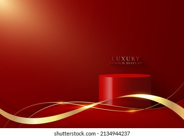 3D realistic luxury red podium platforms display with golden ribbon and wave line on red background. You can use for show cosmetic products, stage showcase studio room. Vector graphic illustration