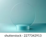 3D realistic luxury style blue turquoise cylinder podium stand with circle transparent glass backdrop product display minimal wall scene on blue background. You can use for cosmetic mockup