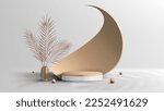 3D realistic luxury style empty wood grain top white podium pedestal stand with golden spiral decor elements backdrop decoration golden ball and gold vase, palm leaves on white background with light