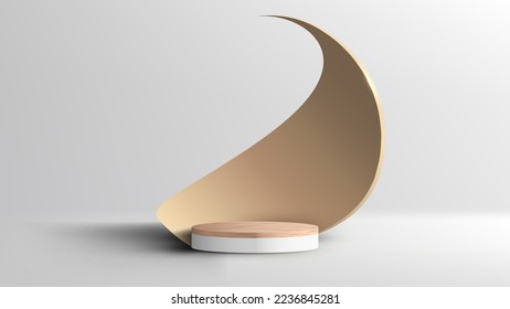 3D realistic luxury style empty wood grain top white podium pedestal stand with golden spiral decor elements backdrop on white background with lighting and shadow. You can use for product presentation