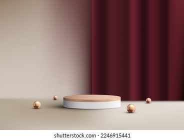 3D realistic luxury style empty wood grain top of white podium cylinder shape product display with red curtain backdrop decoration golden ball on beige background. You can use for cosmetic mockup