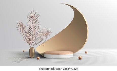 3D realistic luxury style empty wood grain top white podium pedestal stand with golden spiral decor elements backdrop decoration golden ball and gold vase, palm leaves on white background with light