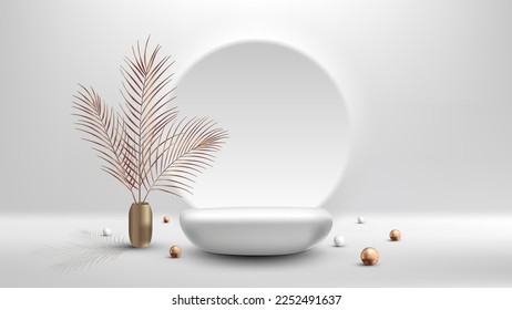 3D realistic luxury style empty white stone podium pedestal minimal wall scene circle backdrop decoration golden ball and gold vase, palm leaves on white background. You can use for product present