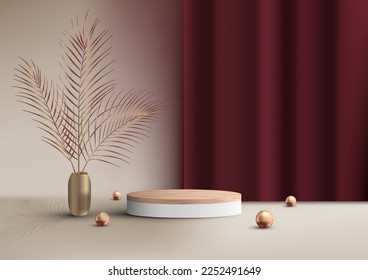 3D realistic luxury style empty wood grain top of white podium cylinder shape product display with red curtain backdrop decoration golden ball and gold vase, palm leaves on beige background.