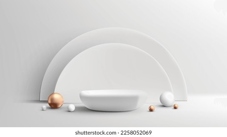 3D realistic luxury style empty stone white podium stand and semicircle backdrop decoration golden and white ball on clean background. You can use for beauty and spa product presentation, cosmetic
