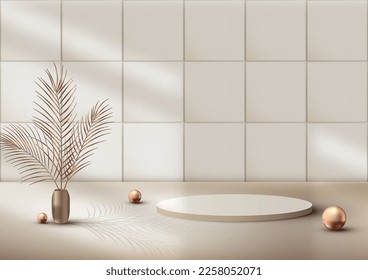 3D realistic luxury style empty brown podium cylinder shape product display decoration with golden ball and gold vase, palm leaves on tile pattern background. You can use for cosmetic mockup