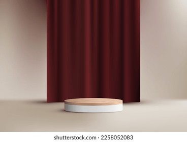 3D estilo lujoso estilo de madera vacía tapa de grano de forma de cilindro de podio blanco pantalla de producto con fondo de cortina roja sobre fondo beige. Puedes usar para presentaciones de maquillaje cosmético, promoción