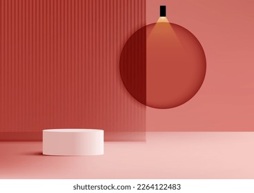 3D estilo lujoso estilo vacío podio blanco soporte transparente fondo de vidrio decoración marco de círculo y iluminación en fondo rosa. Se puede utilizar para presentaciones de productos, belleza de pantalla cosmética