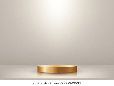 3D realistic luxury style empty golden podium stand with lighting on minimal wall scene beige studio room background. You can use for cosmetic mockup presentation, promotion sale and marketing, etc