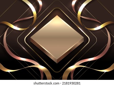 3D realistic luxury style golden square pedestal with ribbon curly elements decoration and lighting effect on black background. Vector graphic illustration