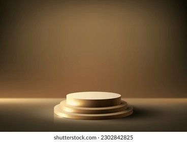 3D realistic luxury style golden podium stand steps levels on dark background with lighting effect. Use for beauty cosmetic presentation, showcase mockup, showroom, product stand promotion. Vector