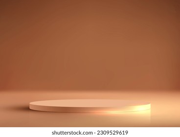 3D realistic luxury style golden podium stand on brown background with lighting effect. You can use for beauty cosmetic presentation, showcase mockup, showroom, product stand promotion, etc. Vector