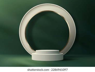 3D realistic luxury style white podium platform with golden circle backdrop on green background and natural lighting. You can use for beauty cosmetic presentation, showcase mockup, showroom, product