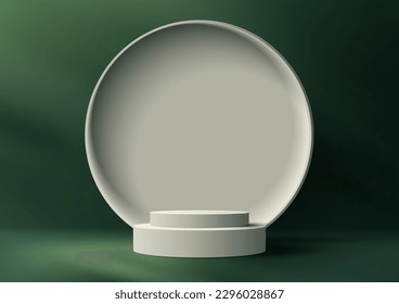 3D realistic luxury style white podium platform stand with white circle backdrop on green background and natural lighting. You can use for beauty cosmetic presentation, showcase mockup, showroom