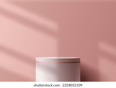 3D realistic luxury white podium stand pedestal with window lighting on pink background minimal style. You can use for valentine day products display presentation, cosmetic display mockup, showcase