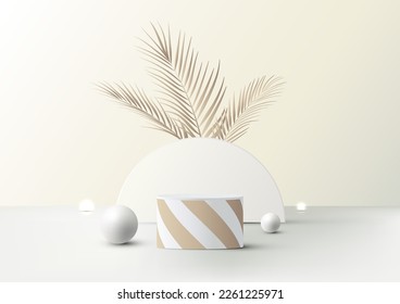 3D realistic luxury white podium cylinder platform stand with golden spiral stripes lines with white semicircle backdrop decoration sphere ball and palm leaves on clean background minimal style.