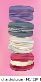 3d realistic macaroons in pink background. Set colorful french sweet in motion. Differend french macaroons. Falling macaroons. Vector illustrator.