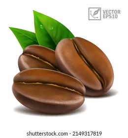 3d realistic macro set of three coffee beans with leaves