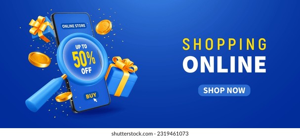 3d realistic magnifying glass and smartphone with discount in online store on screen, blue background. Conceptual banner about online shopping, sale and discounts. Vector illustration 