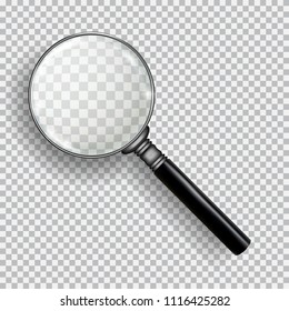 3D Realistic Magnifying Glass. Transparent loupe on plaid black white background. Element for advertising and promotional message. Isolated vector illustration for your design and business.