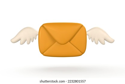 3d sobre de correo realista con alas en dibujos animados de estilo mínimo. Ilustración vectorial.