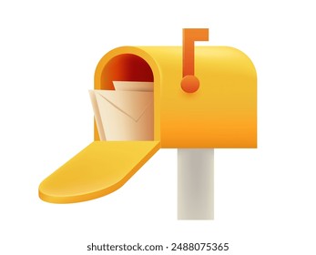 3d Realistic Mailbox with Flag and Letters Inside. Yellow Opened mailbox Icon. Ready to Accept Notification. Trend Vector Illustration.