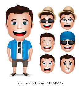 3D Realistic Man Character Wearing Casual Dress with Set of Head Facial Expression Isolated in White Background. Vector Illustration.
