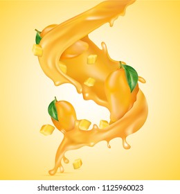 3D realistic mango dive into juice splash on shiny yellow background.