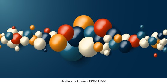 3D realistic many geometric spheres dynamic shapes on blue background. Modern cover banner template balls or particles design. Vector illustration