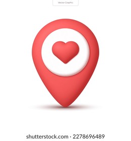 3D realistic map pointer with heart icon. Map Markers. 3D vector render illustration.