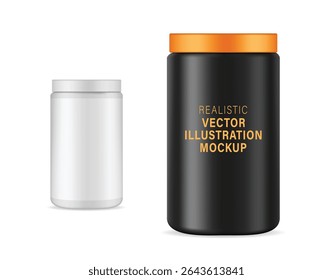 3d realistic matte plastic jar with lid for powder mockup for branding promoting. Vector illustration