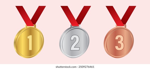 3D Realistic Medal icon, vector set. Gold, silver, bronze medal with ribbon.  Award Medal, silhouette icon. Sport award, top reward, winner and champion trophy. Vector illustration.