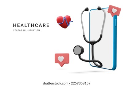 3d realistic medical stethoscope with heart and phone isolated on white background. Online doctor consultation and healthcare concept. Vector illustration