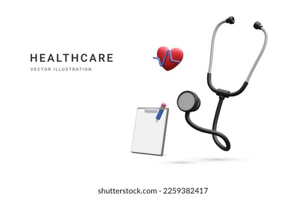 3d realistic medical stethoscope with heart and document isolated on white background. Online doctor consultation and healthcare concept. Vector illustration