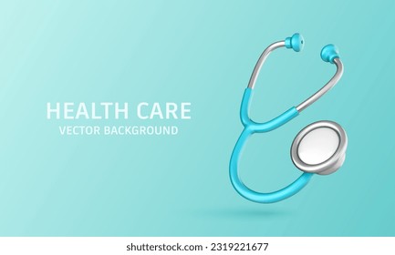 3D realistic medical stethoscope isolated on blue background. Medicine and healthcare, cardiology, medical education. Vector 3d illustration