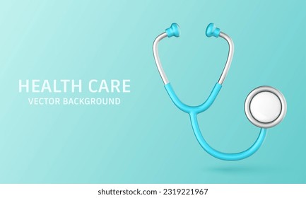 3D realistic medical stethoscope isolated on blue background. Medicine and healthcare, cardiology, medical education. Vector 3d illustration