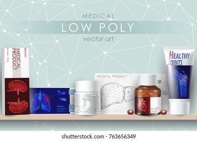 3d realistic medicine drug mock up set. Glass bottle capsule remedy pills healthcare cure disease. Low poly human organ future technology business concept vector illustration