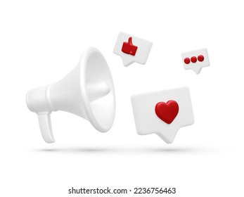 3d megáfono realista y pulgar volador hacia arriba, iconos de corazón y chat aislados en fondo blanco. Medios sociales y concepto de marketing digital. Ilustración del vector