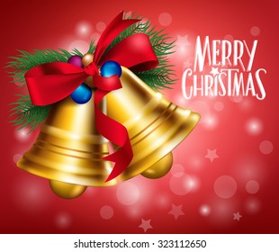 3D Realistic Merry Christmas Bells Hanging with Red Ribbon in Light background with Greetings. Vector Illustration