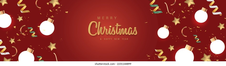3D Realistic Merry Christmas and Happy New Year Banner with 3D Element Vector Illustration.